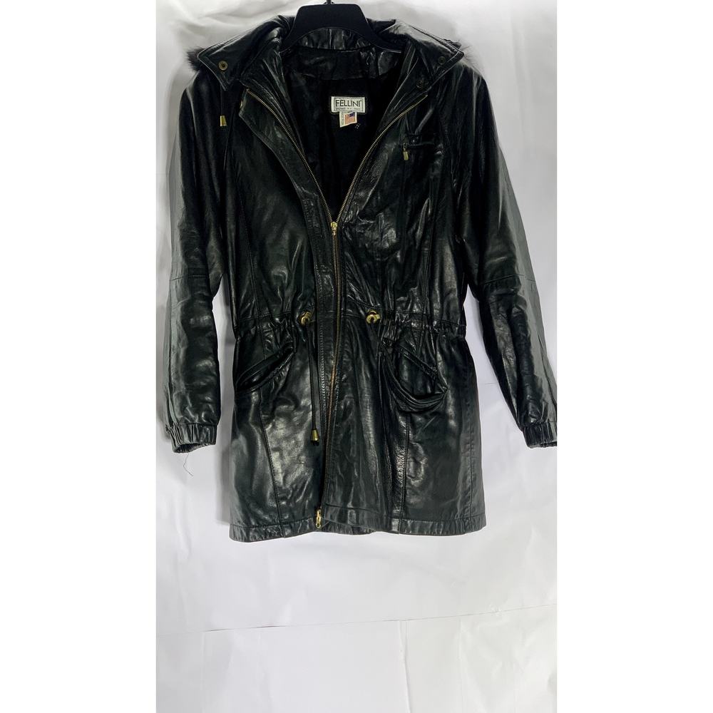 FELLINI Women's Vintage Black Leather Faux-Fur Hooded Cinched Waist Jacket SZ S
